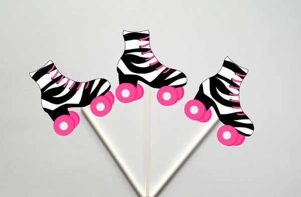 Roller Skate Cupcake Toppers - Pink and Black Zebra Print