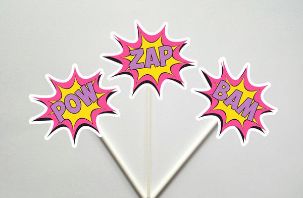 Superhero Cupcake Toppers - Superhero Bursts Cupcake Toppers, Superhero Pink and Purple Cupcake Toppers 614181114P