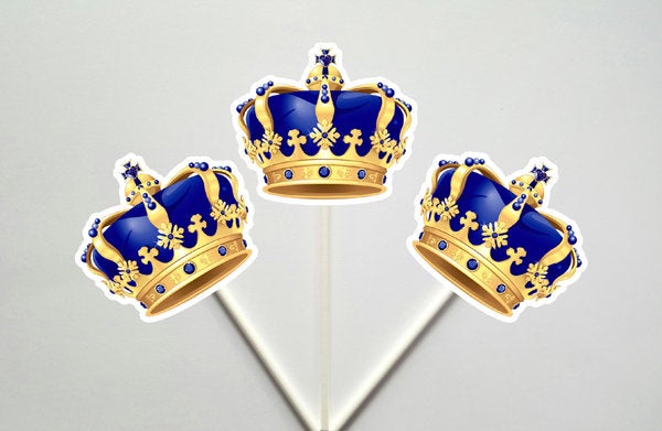 Crown Cupcake Toppers, Prince Baby Shower Cupcake Toppers - Royal Prince Cupcake Toppers with Gold Crowns