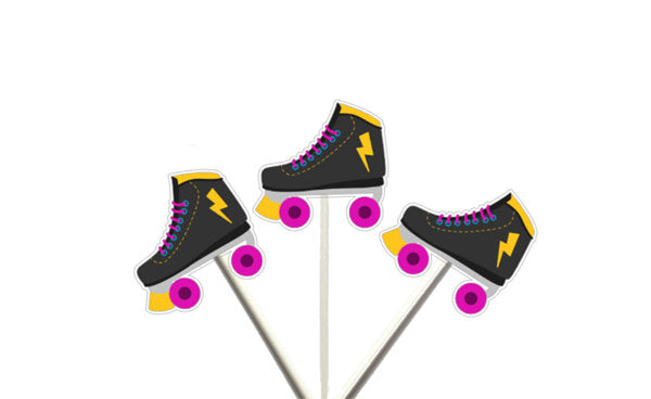 Roller Skate Cupcake Toppers - 80's party, 80's birthday party, Black Yellow and Pink Roller Skate Cupcake Toppers