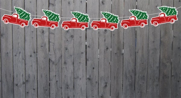 Red Truck With Tree Garland, Christmas Truck With Tree Banner, Red Truck With Christmas Tree