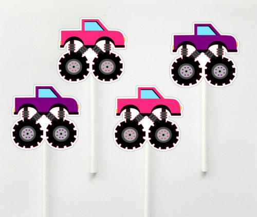 Monster Truck Cupcake Toppers,  Monster Truck Cake Toppers, Monster Truck Birthday, Pink and Purple Monster Trucks - 513211120A