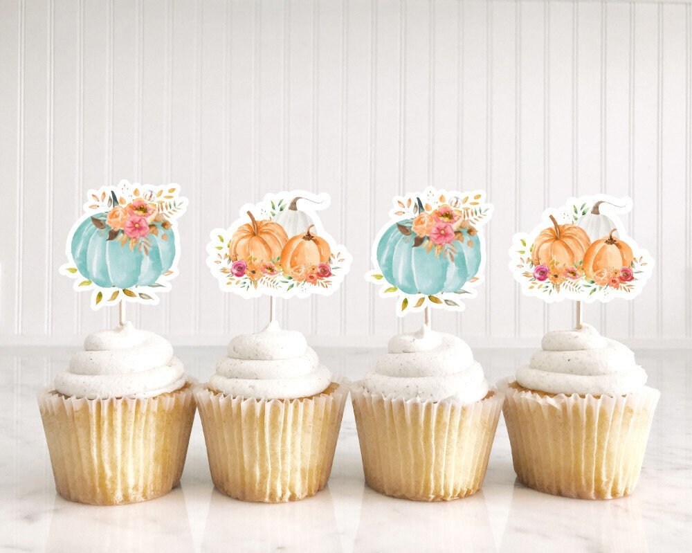 LITTLE PUMPKIN CUPCAKE Toppers - Pumpkin Cupcake Toppers Pumpkin Cake Toppers, Little Pumpkin Birthday, Pumpkin Party, Pink and Gold Pumpkin
