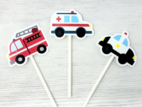 Emergency Vehicles Cupcake Toppers, Firetruck Cupcake Toppers, Ambulance Cupcake Toppers, Police Car Cupcake Toppers