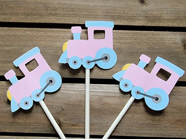 Train Cupcake Toppers, Train Birthday Party Cupcake Toppers - Girl Train Cupcake Toppers - Pink and Blue Train