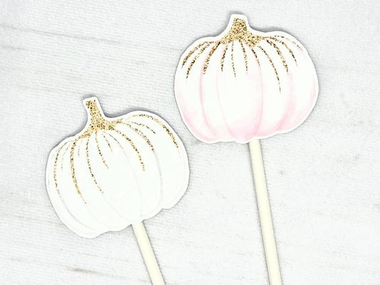 LITTLE PUMPKIN CUPCAKE Toppers - Pumpkin Cupcake Toppers Pumpkin Cake Toppers, Little Pumpkin Birthday, Pumpkin Party, Pink and Gold Pumpkin