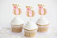 PINK AND GOLD Pumpkin Cupcake Toppers - Little Pumpkin Cupcake Toppers Fall Party Decorations Fall Baby Shower Decorations Pink Pumpkin Fall