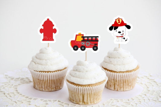 Firetruck Party Cupcake Toppers - Firetruck Birthday Firetruck Party Firetruck Decorations Firetruck Party Supplies Firetruck Cake Toppers