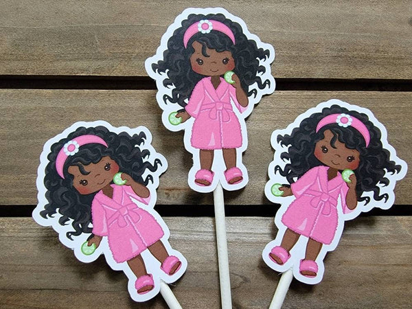 Spa Cupcake Toppers - Spa Birthday Cupcake Toppers - Spa Party Cupcake Toppers - African American Spa Girl