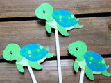 Turtle Cupcake Toppers - Turtle Birthday - Turtle Baby Shower - Under The Sea Cupcake Toppers - Blue and Green Turtle (528171019A)