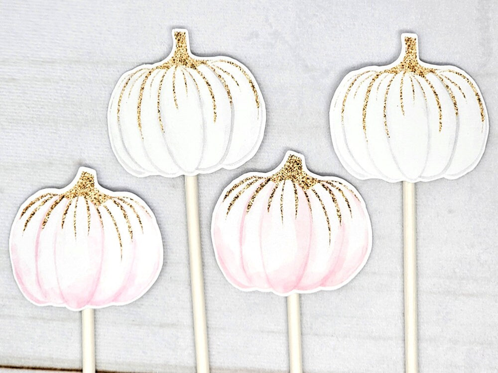 LITTLE PUMPKIN CUPCAKE Toppers - Pumpkin Cupcake Toppers Pumpkin Cake Toppers, Little Pumpkin Birthday, Pumpkin Party, Pink and Gold Pumpkin