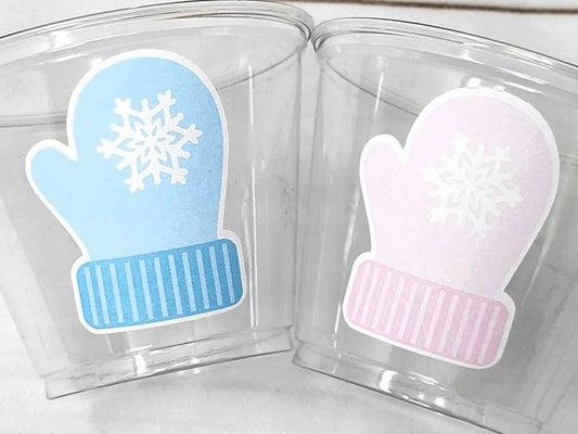 WINTER PARTY CUPS -  Mitten Cups Winter Party Favor Cups Winter Baby Shower Decorations Winter Baby Sprinkle Cups Mittens Snowflakes Cups