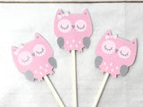 Owl Cupcake Toppers - Pink and Grey Owl Cupcake Toppers - 8516928A