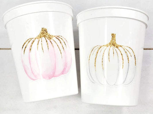 PINK PUMPKIN PARTY Cups - Reusable Pink Pumpkin Party Pink and Gold Pumpkin Cups Little Pumpkin Fall Baby Shower Pink Pumpkin Little Pumpkin