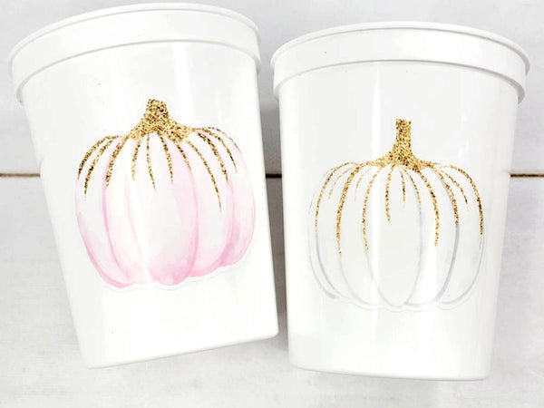 PINK PUMPKIN PARTY Cups - Reusable Pink Pumpkin Party Pink and Gold Pumpkin Cups Little Pumpkin Fall Baby Shower Pink Pumpkin Little Pumpkin