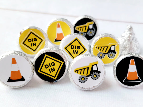 180 - CONSTRUCTION STICKERS for candy Construction Truck Stickers Construction Birthday Party Favors Candy Wrappers Construction Decorations
