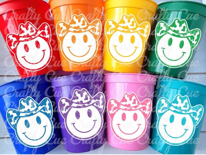 COWGIRL SMILEY FACE Cups Cowgirl Cups Cowgirl Party Favor Cowgirl Bachelorette Party Cowgirl Birthday Rodeo Party Cow Print Hat Cups Disco