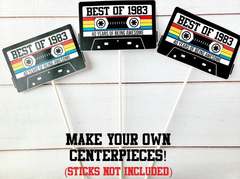6 - 1983 40th Birthday Cassette Tape Cutouts for Cake Toppers Centerpieces Confetti Banners 40th Birthday Party Die Cuts 1983 Decoration DIY