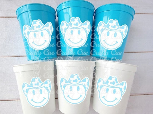 COWBOY SMILEY FACE Cups Cowboy Cups Cowboy Party Favor Cowgirl Bachelorette Party Cowboy Birthday Rodeo Party Cow Print Hat Cups Disco