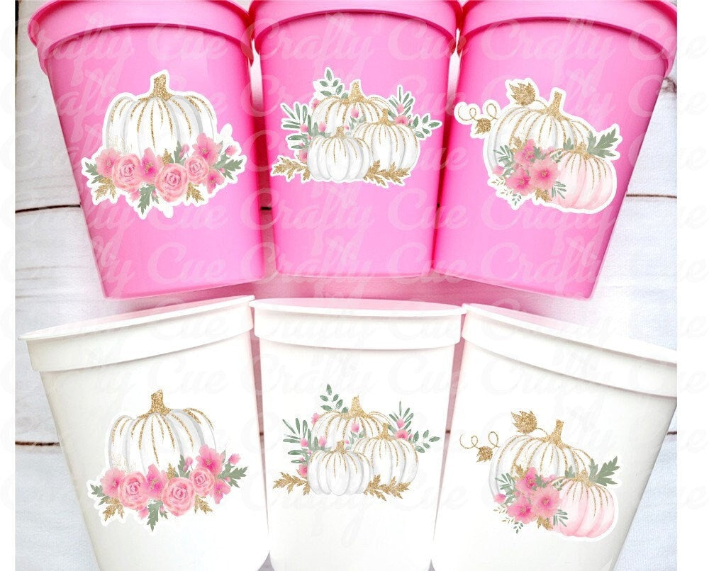 PINK PUMPKIN PARTY Cups - Reusable Pink Pumpkin Party Pink and Gold Pumpkin Cups Little Pumpkin Fall Baby Shower Pink Pumpkin Little Pumpkin