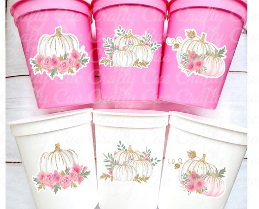 PINK PUMPKIN PARTY Cups - Reusable Pink Pumpkin Party Pink and Gold Pumpkin Cups Little Pumpkin Fall Baby Shower Pink Pumpkin Little Pumpkin
