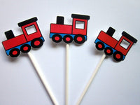 Train Birthday Party Cupcake Toppers Black Red Blue Choo Choo Train