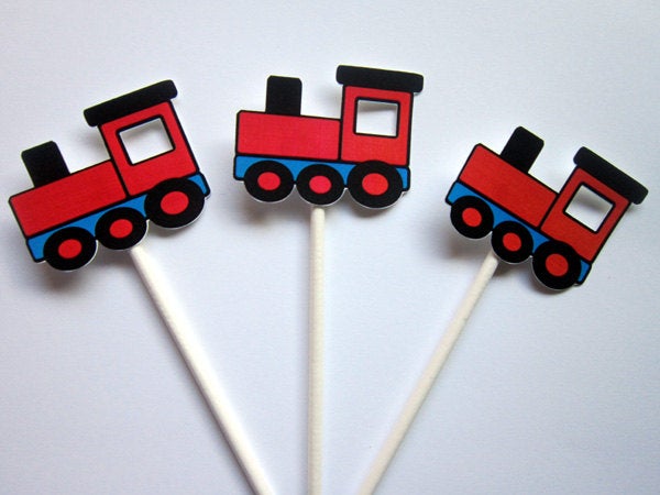Train Birthday Party Cupcake Toppers Black Red Blue Choo Choo Train