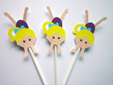 Gymnastics  Cupcake Toppers - Handstand Girl Purple Leotard Blonde Hair