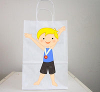 Gymnastics Party Favor, Goody, Gift Bags - Boy Gymnastics Favor Bags - Blonde Hair Holding Arms Up - Item# 72316206A