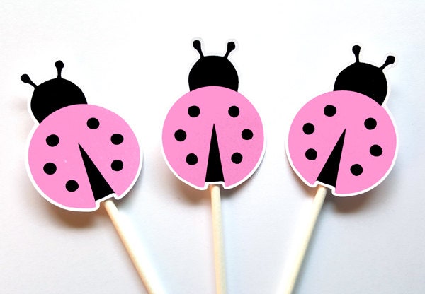 Ladybug Cupcake Toppers, Pink Ladybug Cupcake Toppers