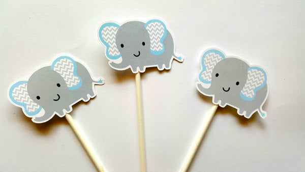 Elephant Cupcake Toppers, Chevron Elephant Cupcake Toppers, Blue and Grey Chevron Elephant Cake Topper