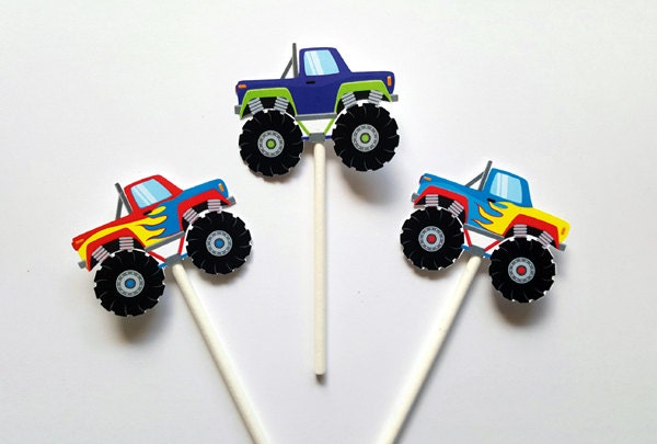 Monster Truck Cupcake Toppers,  Monster Truck Cake Toppers, Monster Truck Birthday, Monster Truck Colorful - Item# 728161215A