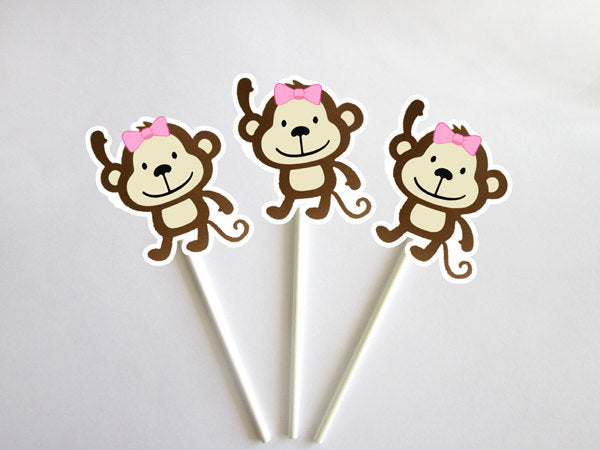 Girl Monkey Cupcake Toppers, Girl Monkey Baby Shower, Girl Monkey Birthday