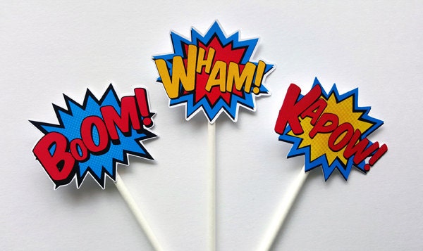Superhero Cupcake Toppers - Superhero Bursts Cupcake Toppers, Superhero Mini Cupcake Toppers - Boom Wham Kapow