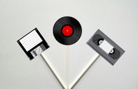 80's Cupcake Toppers - 80's Party Decorations - 80's Birthday Cupcake Toppers, Floppy Disk, Record, VCR Tape - Item# 723161212A