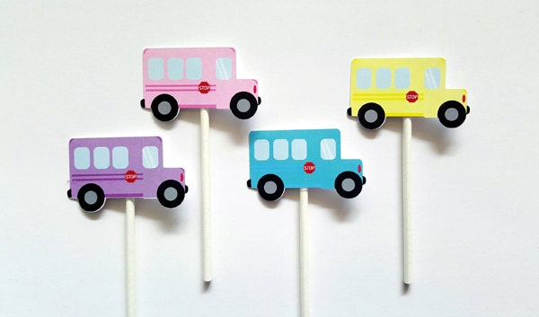 School Bus Cupcake Toppers - Colorful - Pink Bus, Purple Bus, Blue School Bus, Yellow Bus